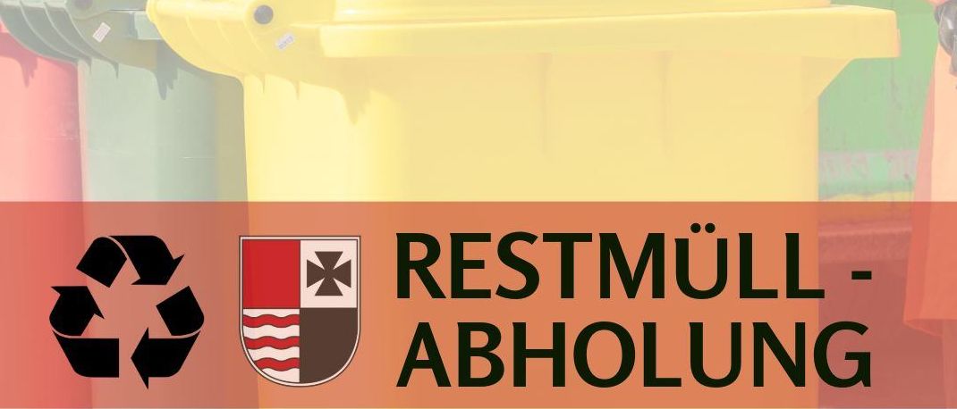 Ein Plakat mit verschiedenfarbigen Behältern und einem gelben Behälter davor. Es hat ein Recycling-Symbol und ein Logo mit dem Text 'RESTMÜLL-ABHOLUNG'. Ein Website-Link befindet sich unten.