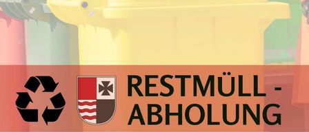 An advertisement for Wartberg's waste collection service. It features a yellow trash bin with a recycling symbol, a coat of arms, and the text 'RESTMÜLL-ABHOHLUNG'. There is a green waste truck in the background.