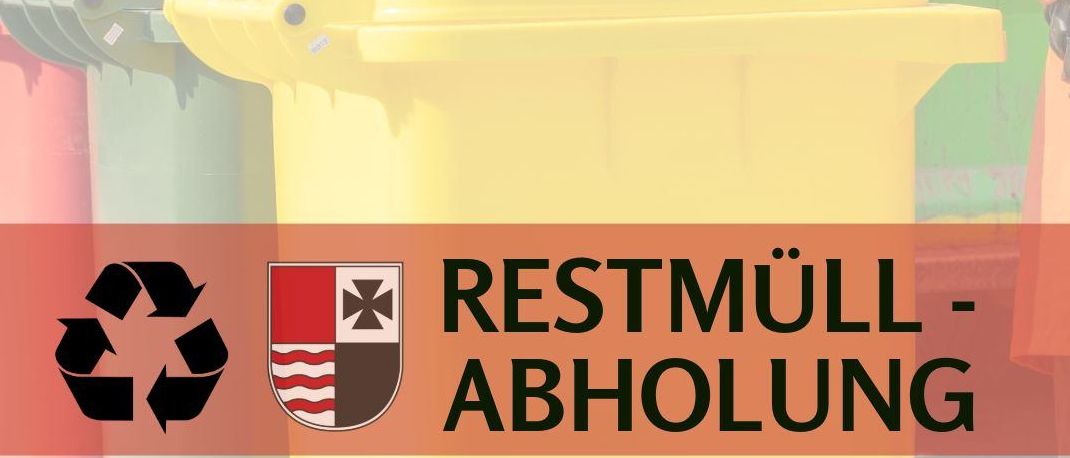 Ein Plakat mit verschiedenen farbigen Behältern und einem gelben Recyclingbehälter mit dem Text 'RESTMUELL-ABHOLUNG' und einem Logo. Das Plakat handelt von der Abfallsammlung in Wartberg.