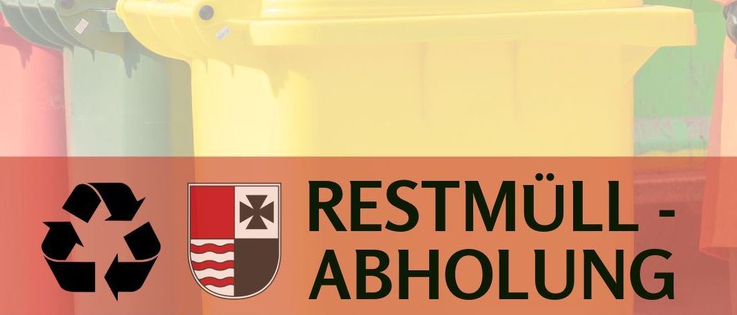 Ein Plakat zur Werbung für die Abfallsammlung mit einem gelben Recycling-Behälter und verschiedenen farbigen Behältern dahinter, einem Recycling-Symbol und einem Logo.