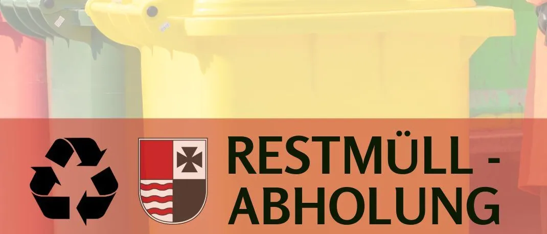Plakat über Abfallsammlung. Ein gelber Container mit den Worten 'Restmuell-Abholung' ist abgebildet. Ein Recycling-Symbol und ein Wappen sind ebenfalls dargestellt. Die Website 'www.wartberg-aist.at' wird erwähnt.