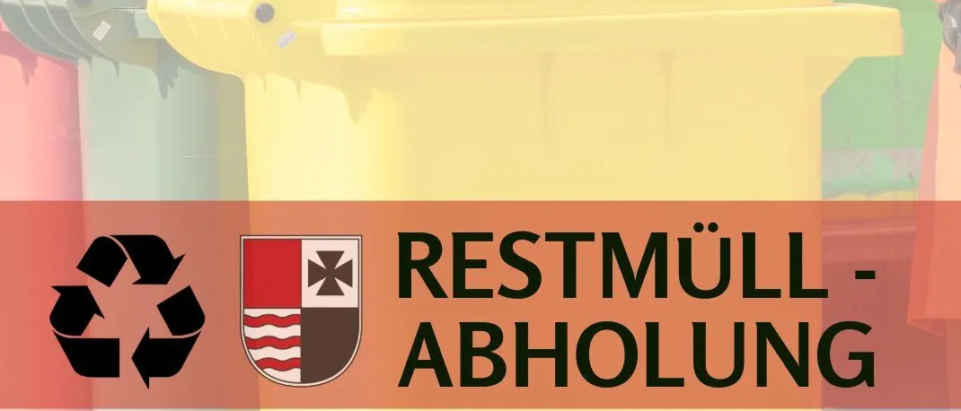 Eine Werbung für Abfallsammlung. Ein gelber Mülleimer mit den Worten 'Restmuell Abholung'. Ein Recycling-Symbol ist vorhanden. Die Website www.wartberg-aist.at wird angezeigt.