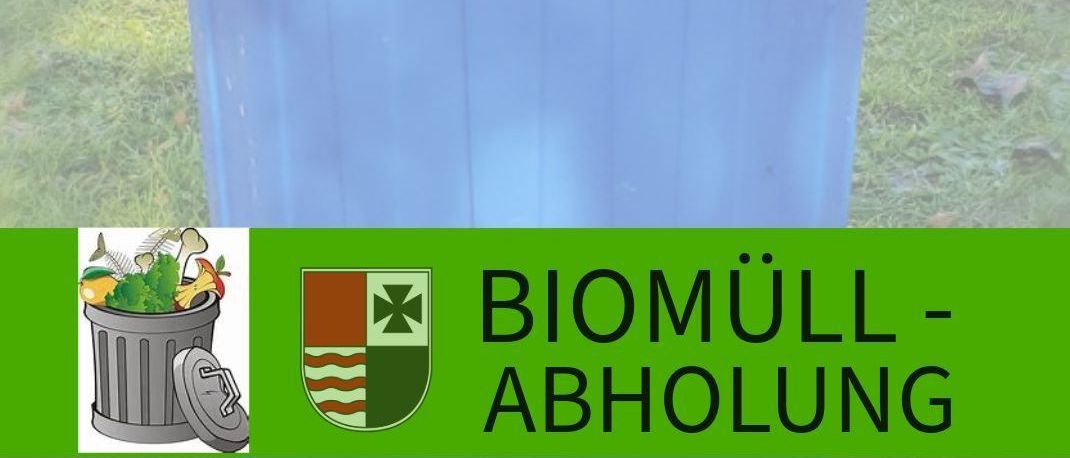 Ein blauer Mülleimer steht auf dem Rasen. Die Worte 'BIOMUELL-ABHOLUNG' sind auf dem grünen Hintergrund gedruckt. Die Website 'www.wartberg-aist.at' wird unten angezeigt.