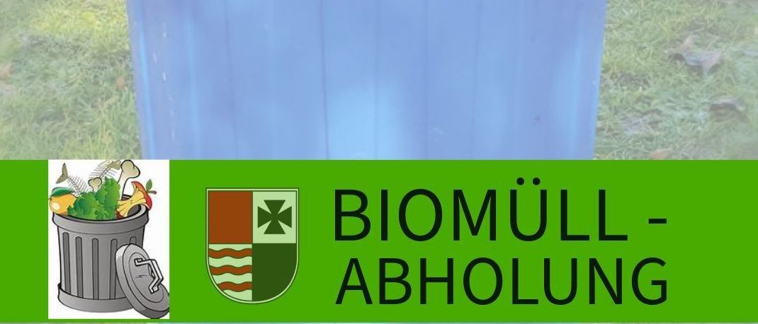 A blue trash can with the lid closed is placed on the grass. The can is labeled with the words Biomuell Abholung and has a logo below it. The image also features a website link.