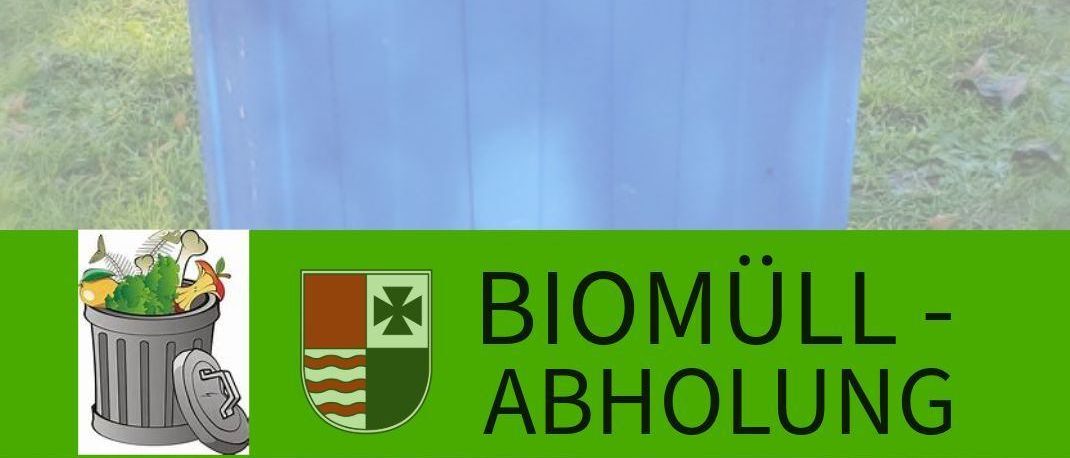 Ein blauer Mülleimer mit den Worten 'Biomuell Abholung' darauf, ein Bild eines Mülleimers und eine Website-Adresse.