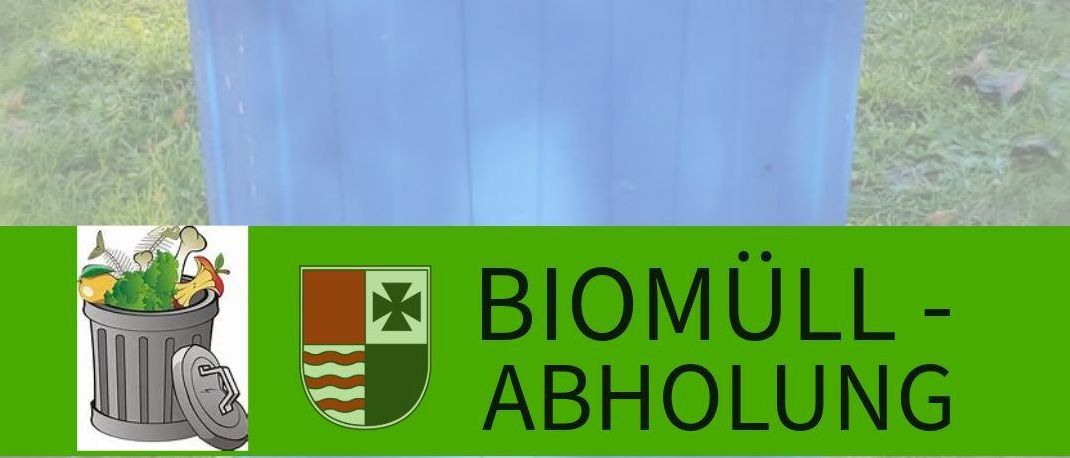 Ein blauer Mülleimer mit den Worten 'Biomuell-Abholung' und einer Illustration eines Mülleimers auf einem Rasen. Die Website-Adresse 'www.wartberg-aist.at' ist angezeigt.