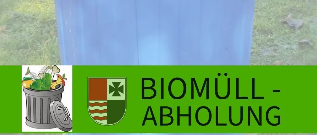Ein Bild eines blauen Mülleimers auf Gras, mit den Worten Biomuell-Abholung darüber und einem Logo darunter. Die Website www.wartberg-aist.at ist unten.