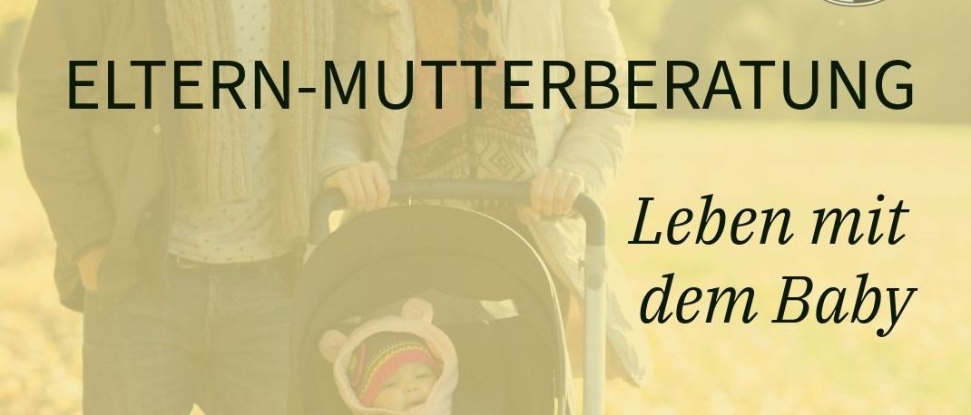 Ein Bild von einem Paar mit einem Baby im Kinderwagen. Der Titel lautet 'Eltern-Mutterberatung'. Das Baby trägt ein rosa Outfit. Die Website-Adresse ist www.wartberg-aist.at. Ein Logo befindet sich unten.