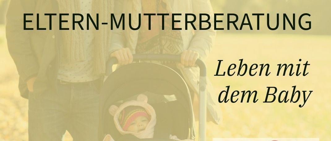 An advertisement for a parenting and baby support service. A smiling couple pushes a baby in a stroller. The text reads 'Parenting Consultation: Living with Baby'. There is a website and logo.
