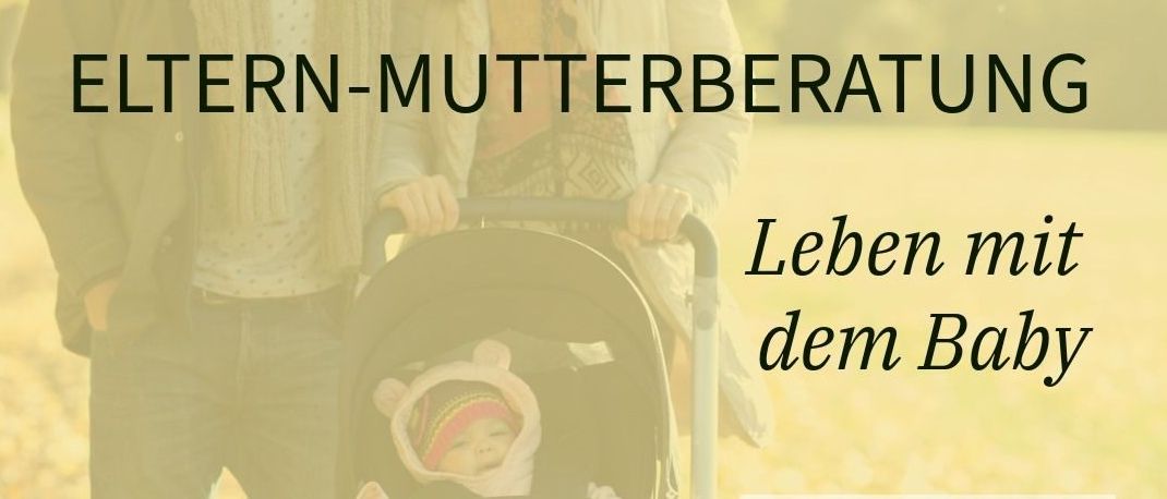 Ein Werbebanner zeigt ein lächelndes Paar mit einem Baby im Kinderwagen. Es steht 'Eltern-Mutterberatung' und 'Leben mit dem Baby'. Es gibt ein Logo und einen Link zur Webseite, www.wartberg-aist.at.
