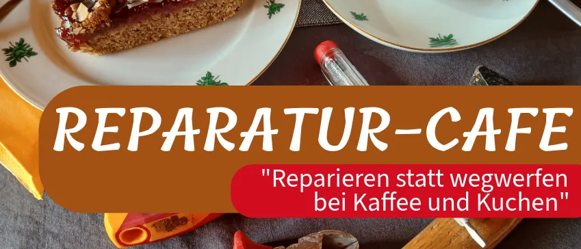 Werbetafel für ein Reparaturcafé. Termine: 28. Feb., 11. Apr., 10. Okt., 5. Dez. 2026. Zeiten: 09:00-12:00 Uhr. Orte: Pregarten und Katsdorf. Zusatzinformationen auf Englisch.