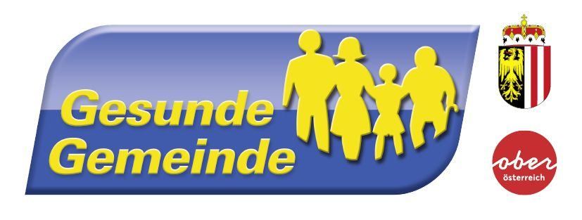 Logo für Gesunde Gemeinden mit gelben Familienfiguren und blauem Hintergrund, mit dem Wappen Österreichs auf der rechten Seite.