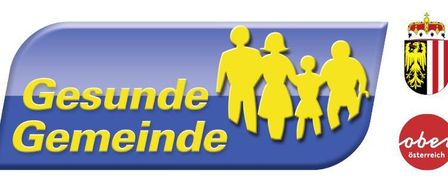 A blue badge with yellow figures of a family and the words 'Gesunde Gemeinde'. A logo with a crown and a coat of arms on the right.