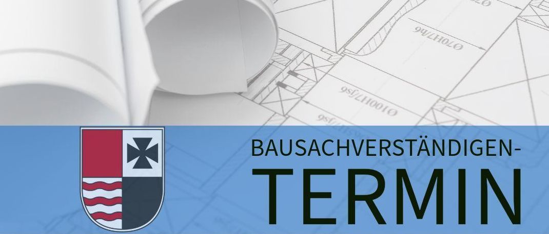 Eine architektonische Zeichnung auf blauem Hintergrund mit einem Logo und dem Text 'Bausachverständigen-TERMIN', begleitet von einer Website-URL.