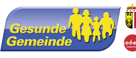 Logo mit einer Familiensilhouette und dem Text 'Gesunde Gemeinden', einem roten österreichischen Wappen und einem roten Kreis mit dem Text 'Oberoesterreich'.
