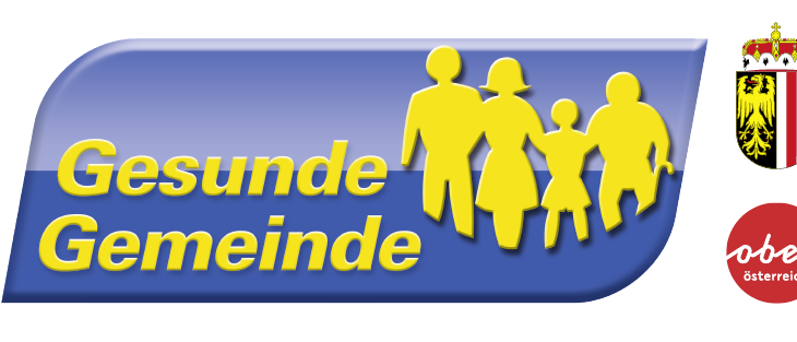 Logo mit einer Familiensilhouette und dem Text 'Gesunde Gemeinden', einem roten österreichischen Wappen und einem roten Kreis mit dem Text 'Oberoesterreich'.