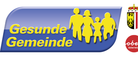 Ein blaues Banner mit gelbem Text lautet 'Gesunde Gemeinden'. Es zeigt eine Familiensilhouette und ein Wappen mit einem rot-weiß gestreiften Hintergrund.