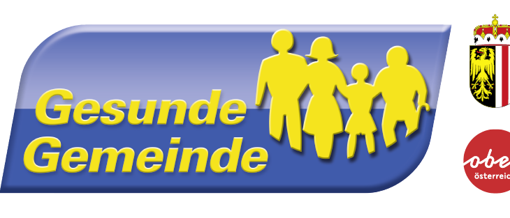 Ein blaues Banner mit gelbem Text lautet 'Gesunde Gemeinden'. Es zeigt eine Familiensilhouette und ein Wappen mit einem rot-weiß gestreiften Hintergrund.