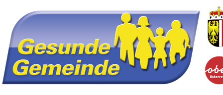 Ein Logo für 'Gesunde Gemeinde' mit Silhouetten einer Familie, einem Kronenemblem und einem 'Österreich'-Logo.