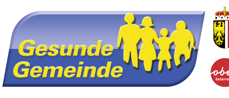 Ein Logo für 'Gesunde Gemeinde' mit Silhouetten einer Familie, einem Kronenemblem und einem 'Österreich'-Logo.