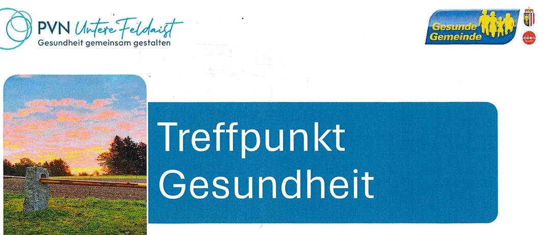 Flyer für eine Gesundheitsveranstaltungsreihe, Treffpunkt Gesundheit, von PVN Untere Feldaist. Termine und Themen für 2026 umfassen Palliativversorgung, Hebammenmythen, Ernährungsmythen, Resilienz, Physiotherapie, Wundversorgung, Arthrose, Psychotherapie und Logopädie. Ort ist Wartberg ob der Aist. Zeit ist 17:30-19:00 Uhr.