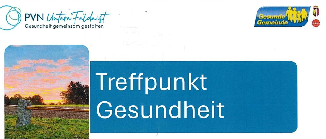 Veranstaltungsflyer für 'Treffpunkt Gesundheit' von PVN Untere Feldaist. Workshops zu verschiedenen Gesundheitsthemen. Donnerstags, 17:30-19:00 Uhr. Veranstaltungsorte: Wartberg und Aist. Kontakt: 07236/28555 oder per E-Mail an praxis@pvn-unterefeldaist.at.