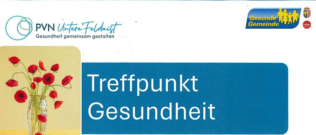 Der Plakat zeigt eine Vase mit roten Blumen auf blauem Hintergrund. Es bewirbt ein Treffen zur Palliativversorgung. Ein Arzt veranstaltet die Veranstaltung am Donnerstag, 15. Januar, von 17:30 bis 19:00 Uhr.