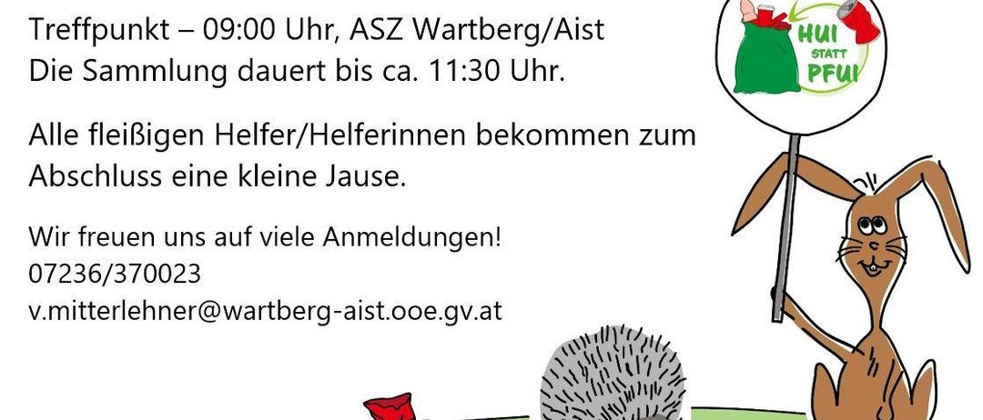 Poster for environmental action for a clean Upper Austria. The event will take place on April 11, 2026, from 9:00 AM at ASZ Wartberg/Aist. Volunteers will receive a small treat. Supported by Umwelt Profis.