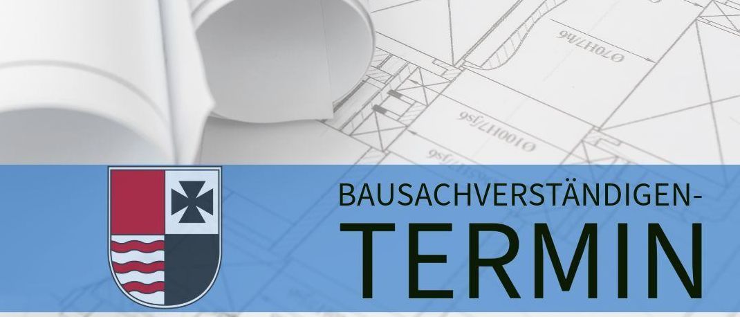 Ein Bild von Architekturplänen mit einem blau-weißen Logo links unten. Der Text 'Bausachverständigen Termin' steht über den Plänen. Die Website-Adresse ist www.wartberg-aist.at.