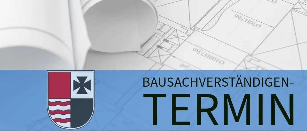 Das Bild zeigt Architekturzeichnungen und ein Logo für Bausachverständigen-Termin mit einer Website-Adresse. Die Zeichnungen sind technisch und scheinen Teil eines Bauprojekts zu sein.