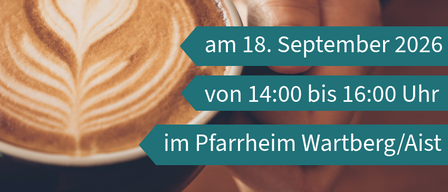 Ein Veranstaltungsposter für 24-Stunden-Betreuerinnen mit Herz-förmigem Kaffeeschaum, Datum, Uhrzeit und Ort. Das Poster enthält eine Telefonnummer zur Anmeldung.