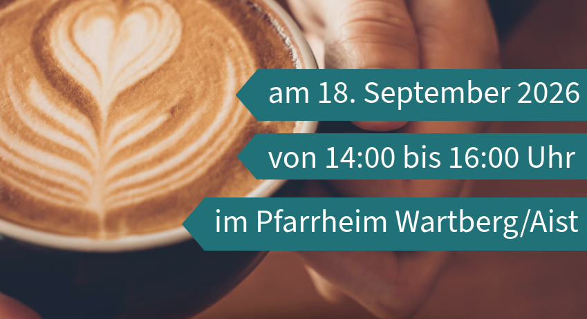 Ein Veranstaltungsposter für 24-Stunden-Betreuerinnen mit Herz-förmigem Kaffeeschaum, Datum, Uhrzeit und Ort. Das Poster enthält eine Telefonnummer zur Anmeldung.