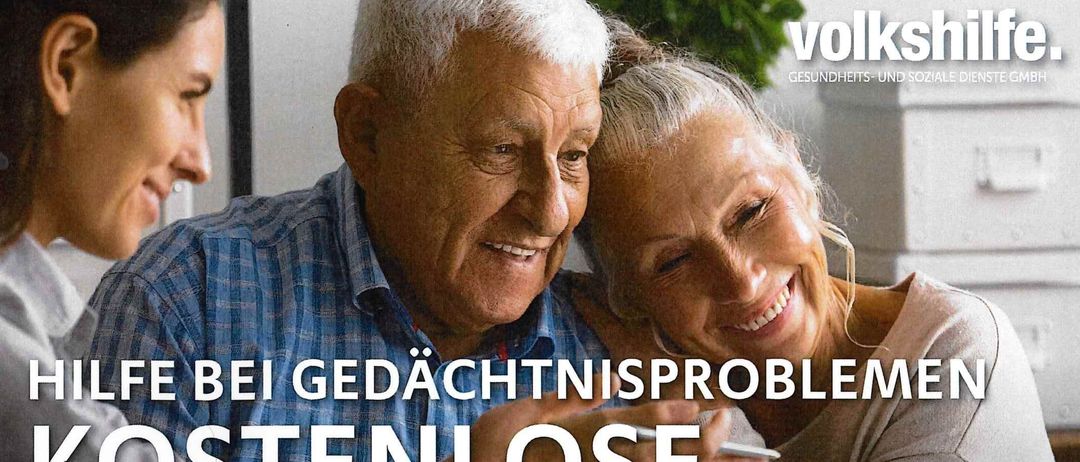 Eine Anzeige für kostenlose Gedächtnisproblemeberatung und -beratung durch die Volkshilfe, die bestimmte Termine und Orte für Termine anbietet.