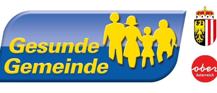 Ein blau-gelbes Logo mit dem Text 'Gesunde Gemeinde', das eine Familiensilhouette und das österreichische Wappen zeigt.