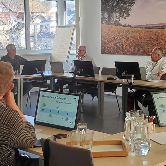 In einem Besprechungsraum sitzen mehrere Personen um einen Tisch herum. Monitore, Laptops und Gläser sind auf dem Tisch. Eine Tafel und ein Poster sind an der Wand. Bäume und Berge sind durch die Fenster sichtbar.