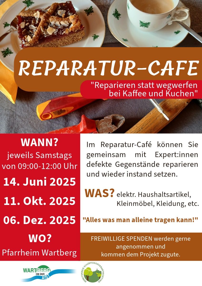 Werbeplakat für ein Reparaturcafé. Termine jeweils samstags von 09:00 bis 12:00 Uhr. Es können elektrische Geräte, Möbel und Kleidung repariert werden. Freiwillige sind willkommen.