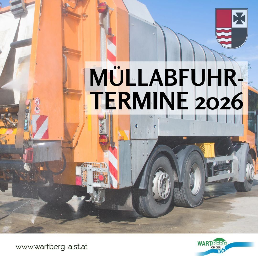 Ein orangefarbener Müllwagen mit einem großen Container, geparkt mit einem Logo an der Seite. Es steht 'MüllAbfuhr-Termine 2026'. Der Lastwagen hat eine saubere Oberfläche. Das Bild enthält auch einen Wasserzeichen mit einer Website-Adresse.
