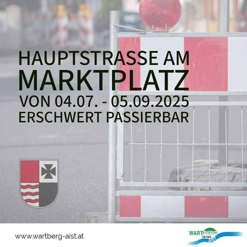 Plakat über eine Fußgängerzone in der Nähe des Marktplatzes, vom 04.07. bis 05.09.2025. Enthält ein Logo und einen Website-Link.