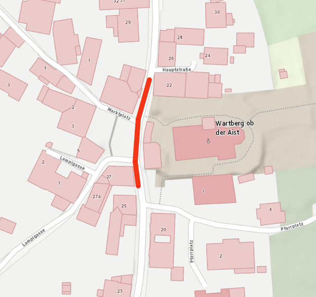 Karte zeigt ein Stadtlayout mit nummerierten Gebäuden und Hauptstraße in Orange hervorgehoben. Wartberg ob der Aist ist mit einer Grenze gekennzeichnet.