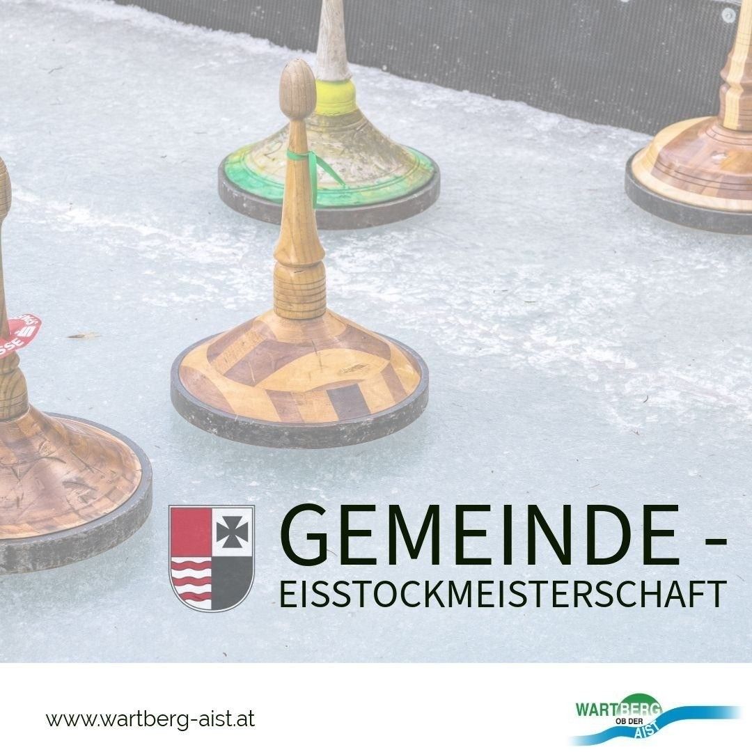 Vier Holzspielzeuge befinden sich auf der Eisbahn. Es gibt ein Logo und den Text Gemeinde-Eisstockmeisterschaft. Die Website lautet www.wartberg-aist.at.