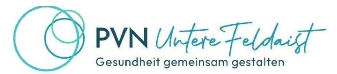 PVN Logo mit einem stilisierten Drei-Kreis-Design und dem Schriftzug Untere Felda in blauer Schrift. Darunter steht der Satz 'Gesundheit gemeinsam gestalten', was 'Gesundheit gemeinsam gestalten' bedeutet.