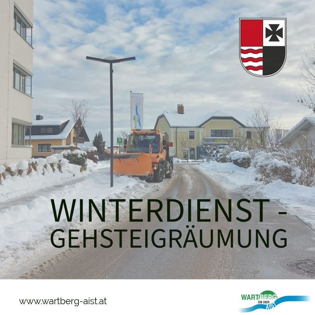 Ein Schneepflug räumt eine verschneite Straße. Ein Banner mit dem Text 'Winterdienst - Gehsteigräumung' ist im Vordergrund. Unten steht eine Website-Adresse.