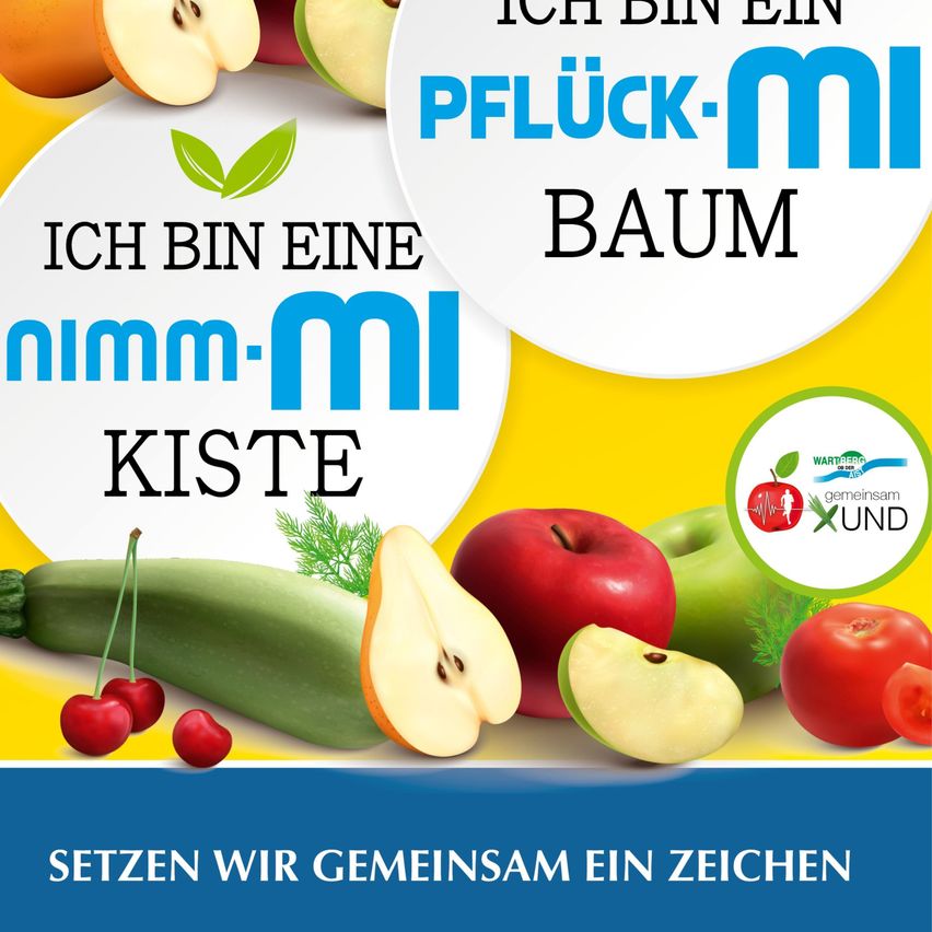 Poster with a vibrant display of fruits and vegetables, promoting a healthy lifestyle. It features the phrase 'Setzen wir gemeinsam ein Zeichen', encouraging collective action for health.