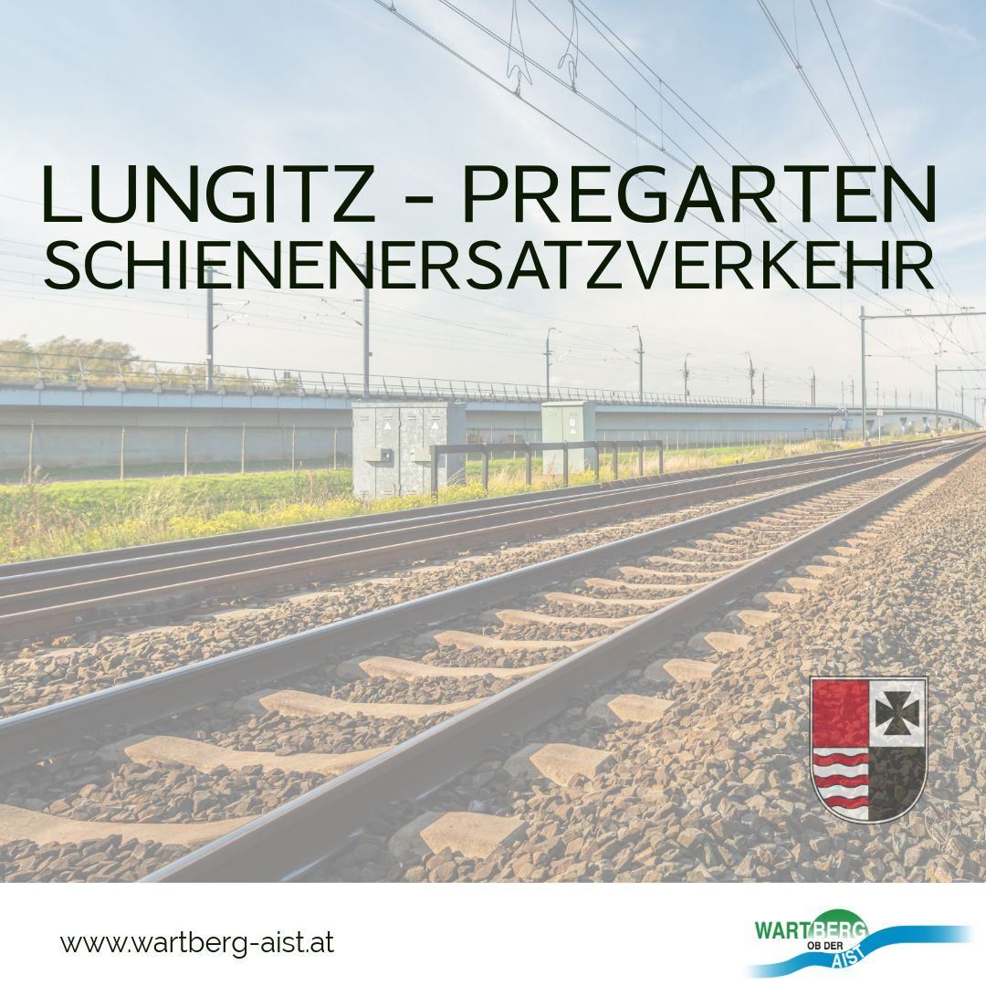 The image shows a railway track with the text 'Lungitz-Pregarten Schienerensatzverkehr' and a shield logo with the text 'WARTBREG OB DER AISL'. The tracks are surrounded by gravel and the sky is cloudy.
