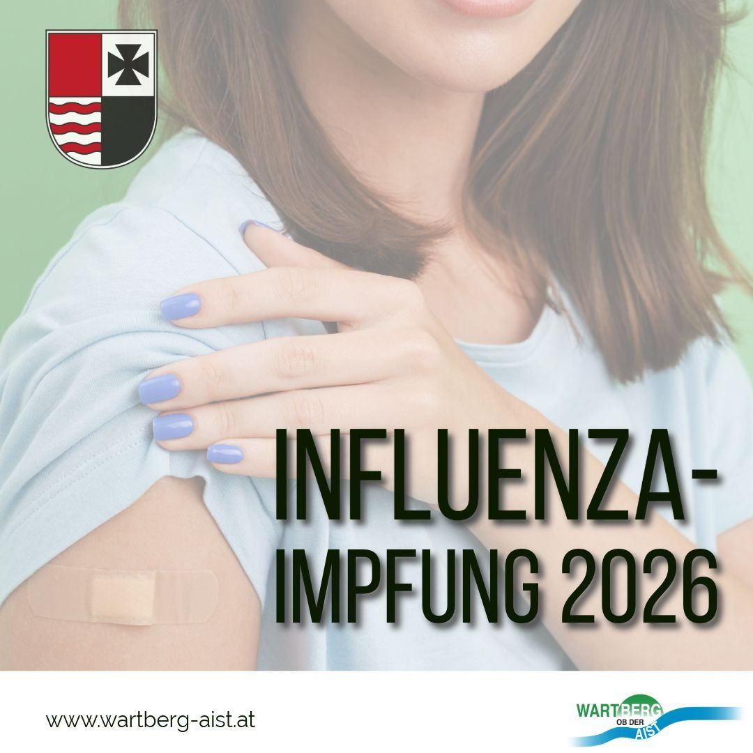 An advertisement for the 2026 influenza vaccination. It features a woman with blue nails holding her shoulder, with a cross logo in the top left corner and a website at the bottom.