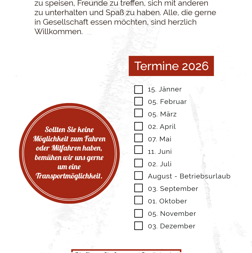 Einladung für 2026 Veranstaltungen. Verschiedene Termine aufgelistet. Für diejenigen, die nicht fahren können, Kontakt für Transport.