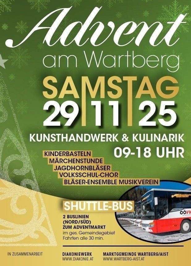 Ein Plakat für einen Weihnachtsmarkt mit grünem Hintergrund und Schneeflocken. Es hat weißen und gelben Text und kündigt eine Veranstaltung am Samstag, den 25. November, mit Aktivitäten von 9 Uhr bis 18 Uhr an. Beinhaltet einen Shuttle-Bus-Service, Kinderaktivitäten und kulinarische Angebote.