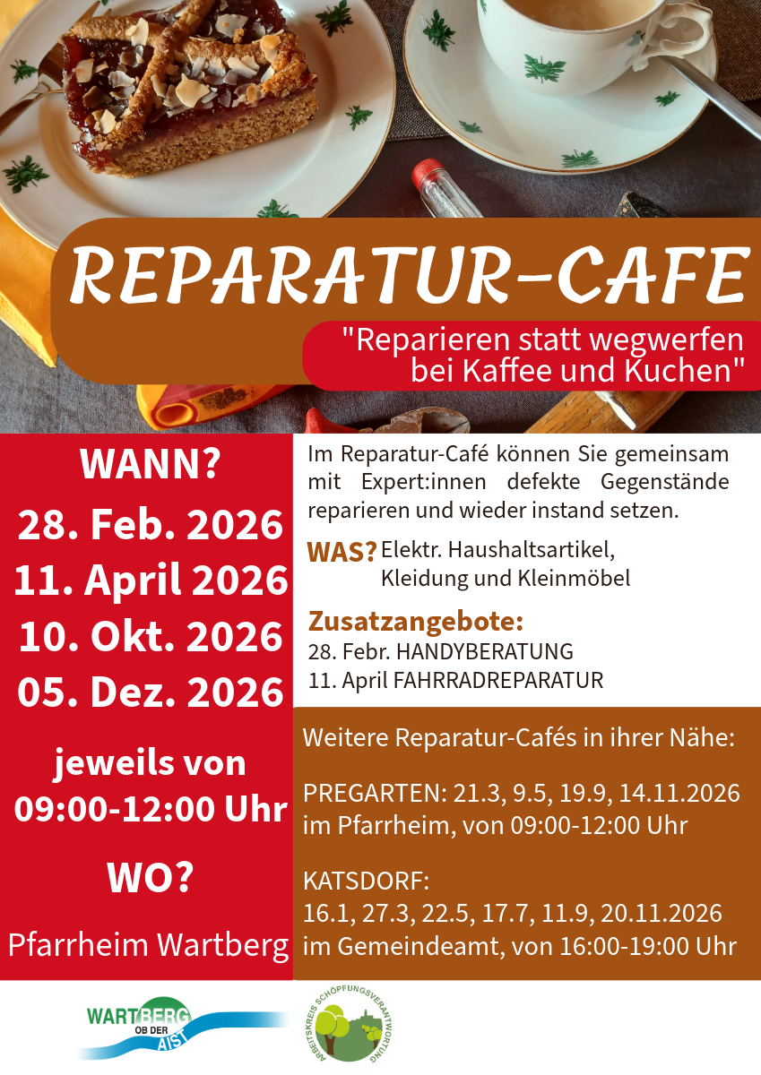 Reparatur-Café mit Terminen am 28. Februar, 11. April, 10. Oktober und 5. Dezember 2026. Reparatur von Elektronik, Kleidung und Kleinmöbeln. Zusätzliche Reparatur-Cafés in der Nähe.