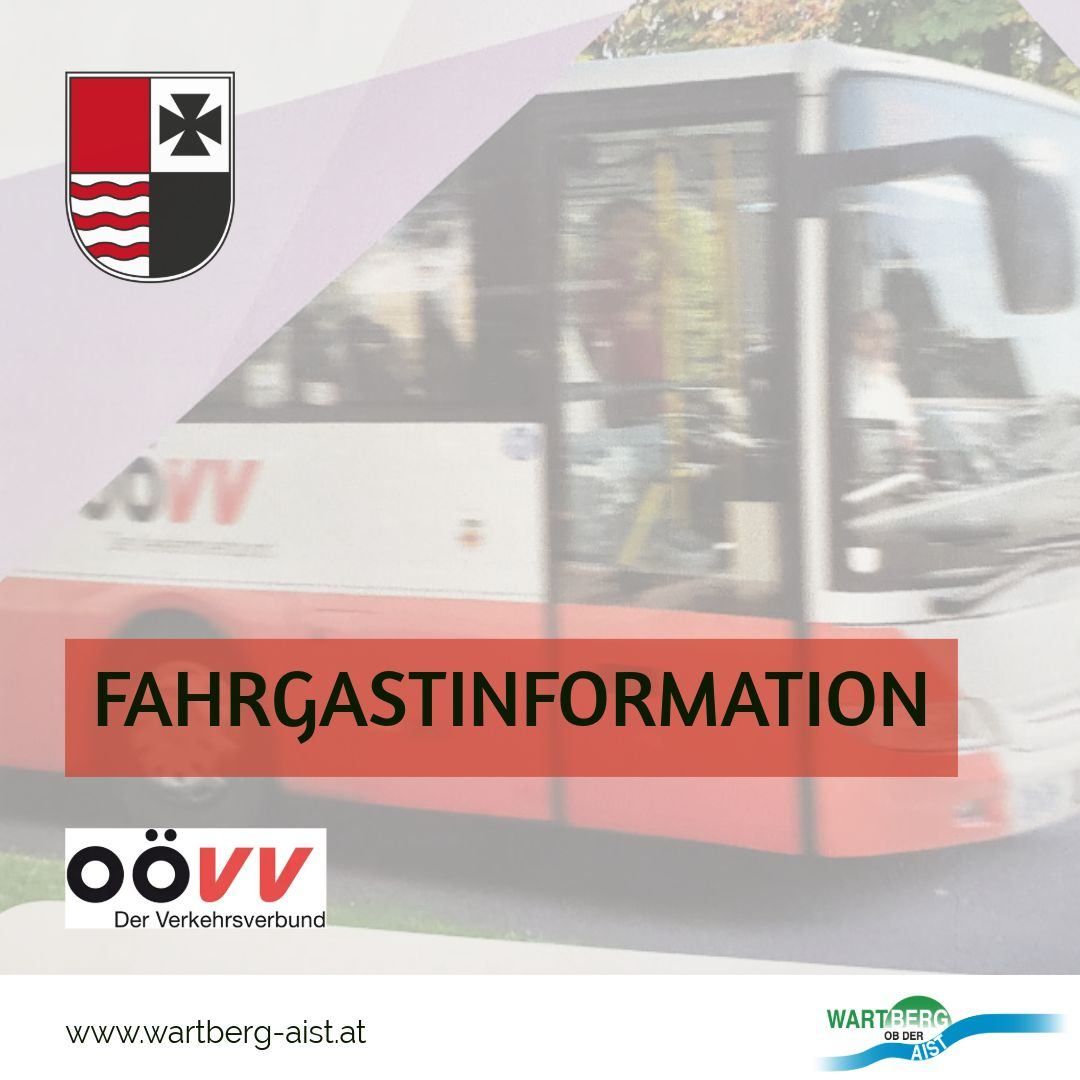 Ein Plakat bewirbt 'Fahrgastinformation' mit einem verschwommenen Bild eines Busses, einem Wappen links und einem Website-Link unten.