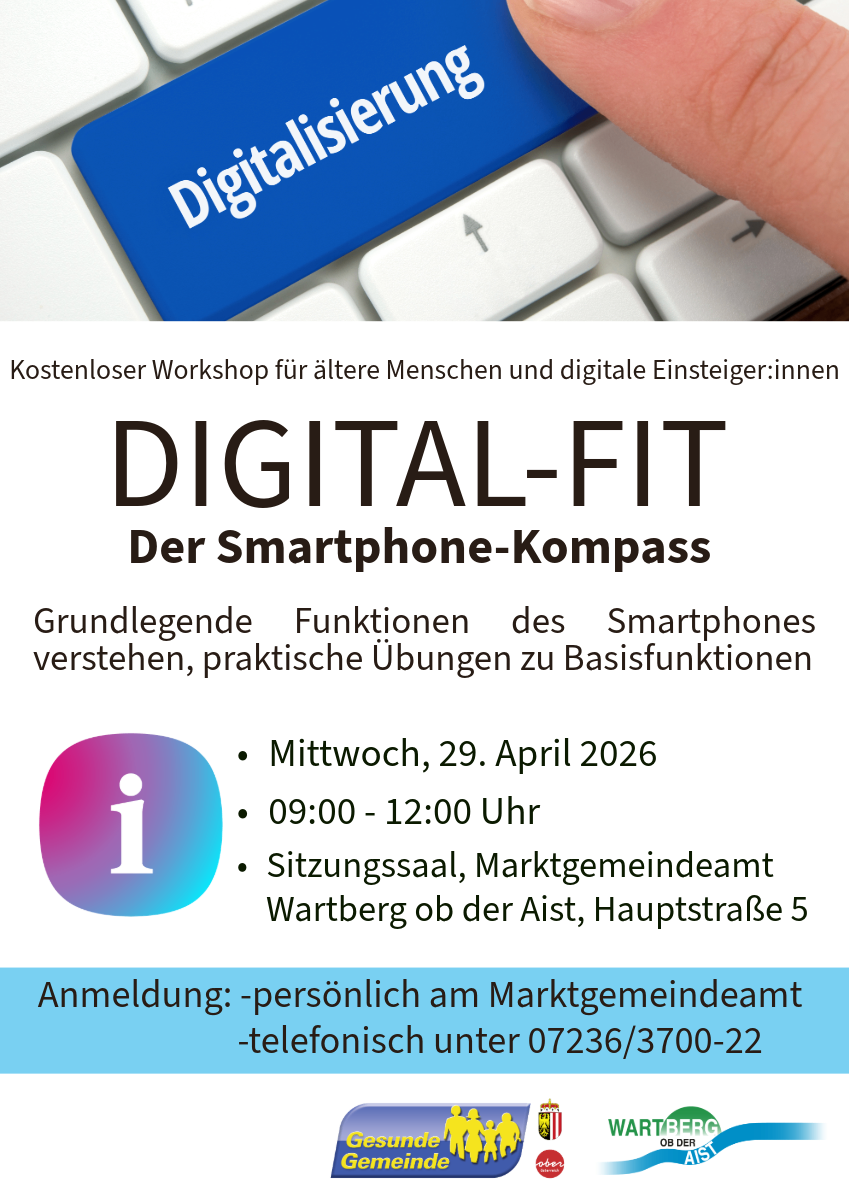 Workshop on smartphone basics for seniors and digital starters. Learn smartphone functions. April 29, 2026, 09:00-12:00. Registration at the town hall.